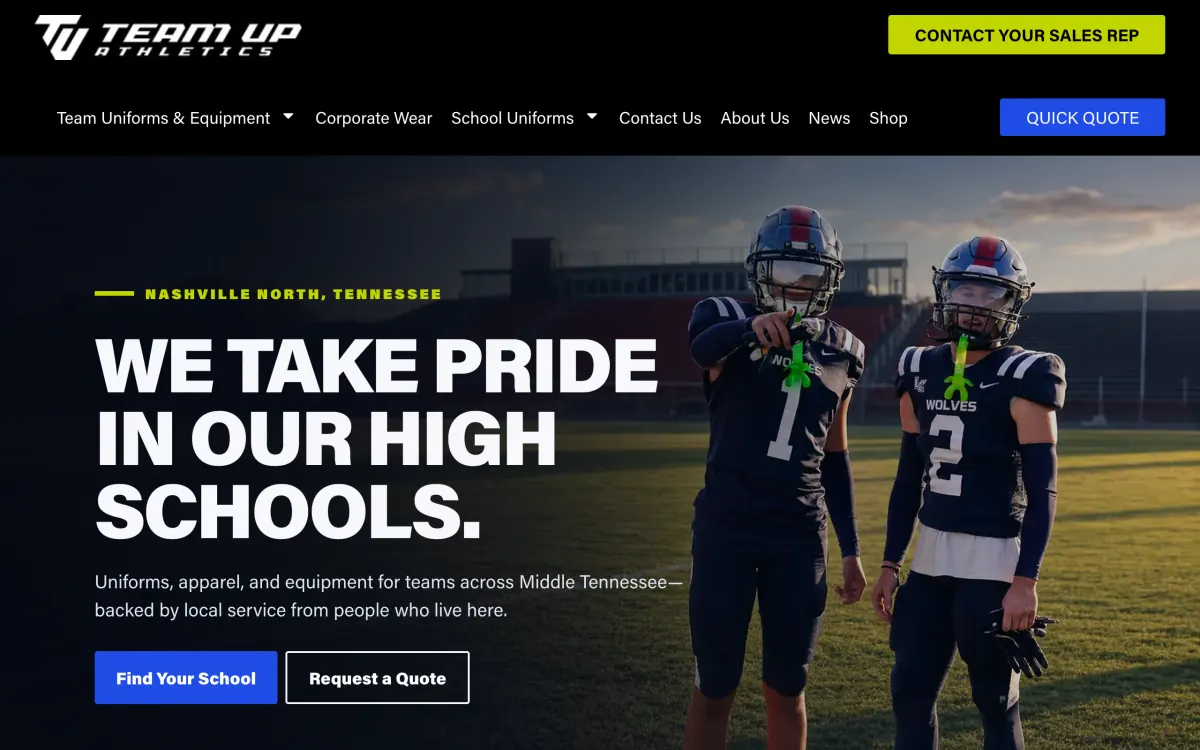 Team Up Athletics Nashville North homepage with two high school football players.